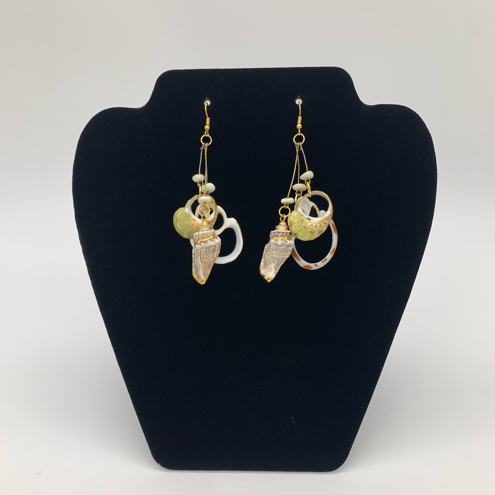 Vtg.Handmade Nautical Natural Shell Polished Nuggets Dangle Earrings Gold Accent